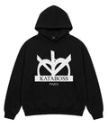 Sweat à capuche oversize noir KATABOSS Paris sans cordon avec le logo officiel blanc imprimé sur le devant.⁠